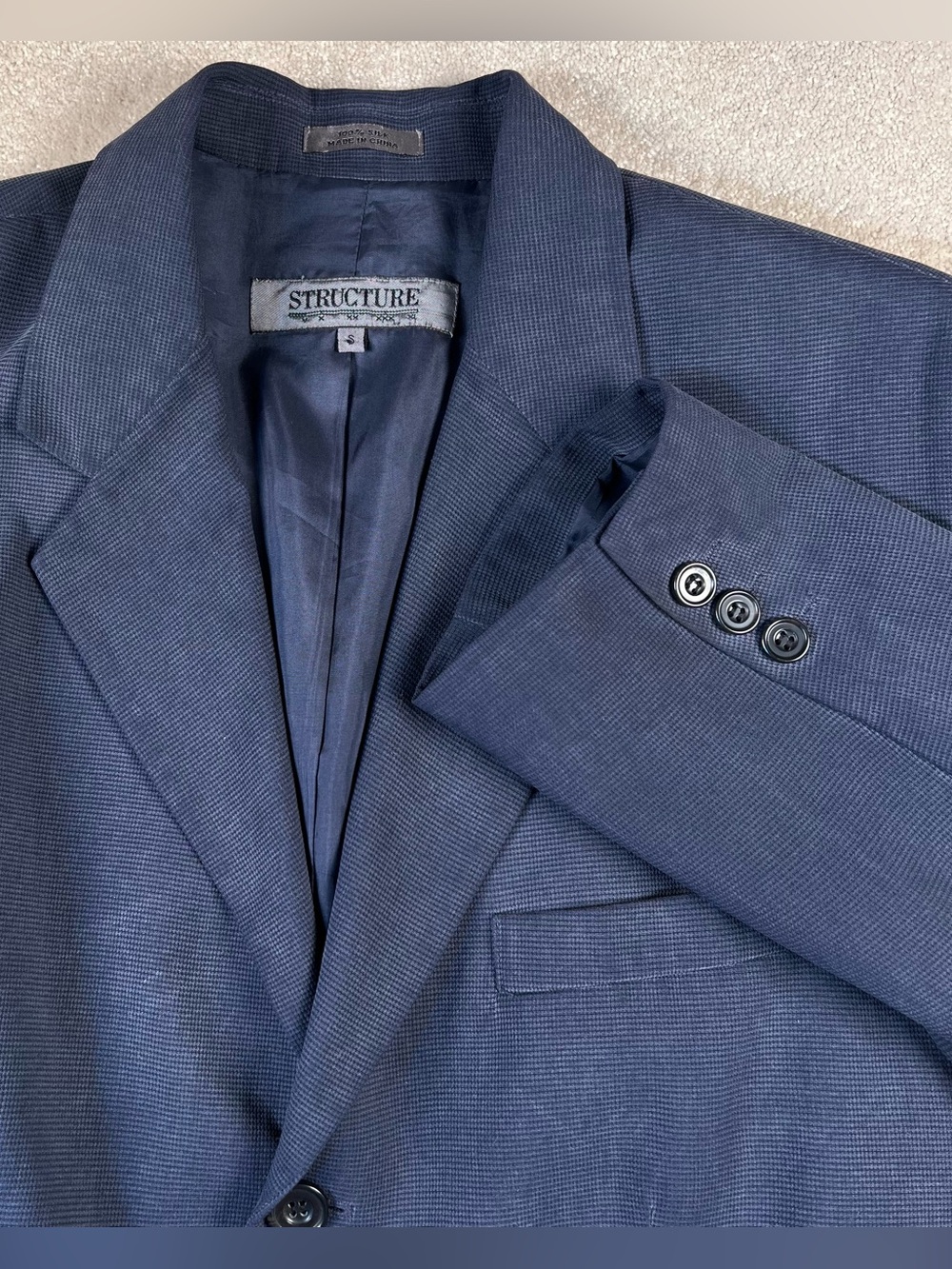 Structure Vintage Blazer Silk Dark Blue Suit Jacket 3 Button Men's Small